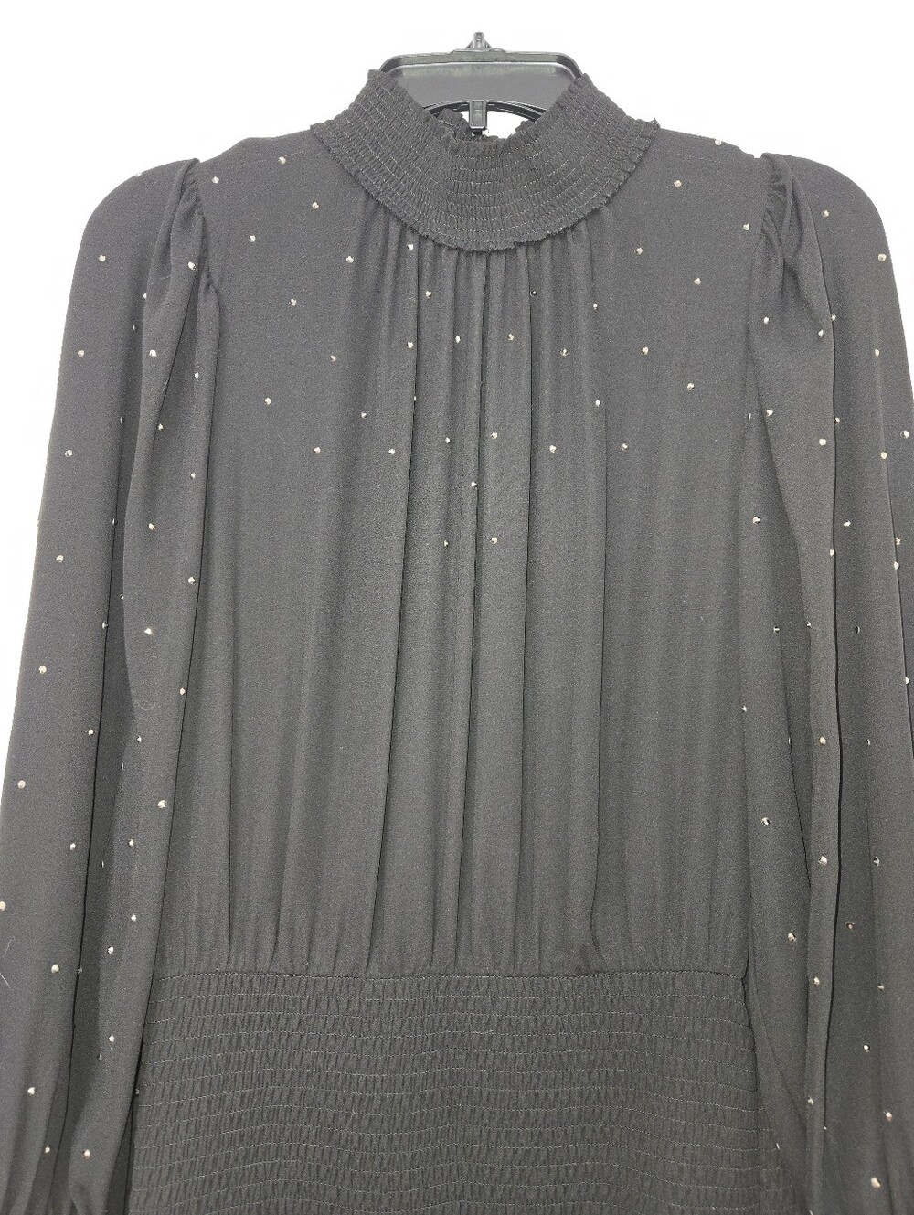 WHBM Black Long-Sleeve Smocked Waist Dress with Subtle Metallic Dots